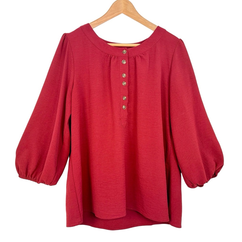 Como Blu Button Up Blouse Large Red Maroon Balloon Sleeves Pleated Hem Workwear